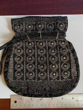 Vintage Victorian drawstring bag black and silver cut steel beadwork silk lined